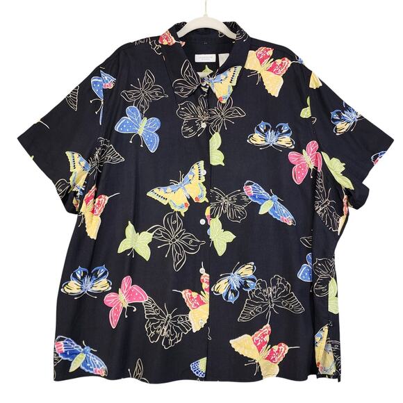 Liz Claiborne Womens Silk Button Up Blouse Plus Size 3X Black Colorful Butterfly - Picture 1 of 10